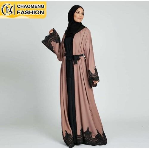 Middle East Fashion Ramadan Patchwork Lace Long Cardigan Muslim For Women Dubai Abaya Maxi Robe Kimono Turkish Islamic Clothing
