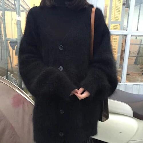 Women Angora Cardigans Sweater Autumn Winter Wool Knitted Jumper Long Sleeves O-Neck Buckle Mink Cashmere Cardigans wsr771