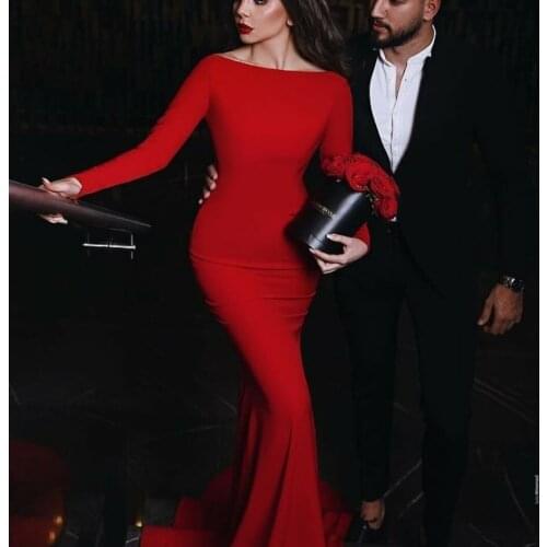 Retro Long Spandex Mermaid Evening Dresses with Sleeves Floor Length Open Back Red Formal Party Dress for Women
