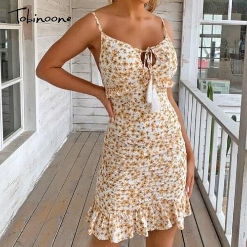 Tobinoone Floral Print Ruffles Tie Sexy Dress Women Spaghetti Strap Hollow Out Backless Bodycon Dresses Summer Party Vestidos