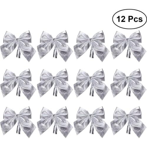 12pcs Glitter Bowknots Christmas Tree Ornaments Pendant Xmas Hanging Decor Adornments Holiday Home Party Supplies (Silver)