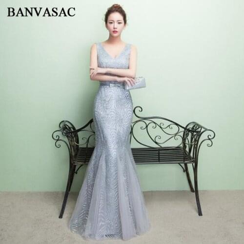 BANVASAC Sexy V Neck Sequined Embroidery Mermaid Long Evening Dresses 2018 Lace Party Bow Sash Backless Prom Gowns