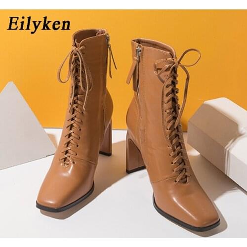 Eilyken Women Ankle Boots New Design Soft Pu Leather Cross-tied High Heel Fashion Square Toe Ladies Shoes Zipper Chelsea Boots