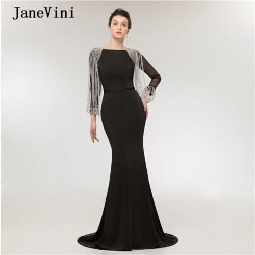 JaneVini 2020 Luxury Beading Black Evening Dresses with Long Sleeve O Neck Robe Satin Sweep Train Sexy Arabic Formal Party Gowns
