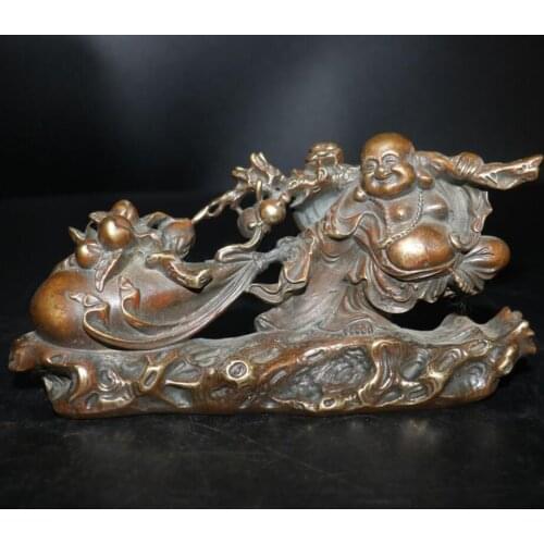 China brass maitreya Buddha Pull money bag crafts statue