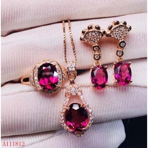 KJJEAXCMY boutique jewels 925 Silver-inlaid Natural Magnesium Aluminum Garnet Gemstone Ring Dropping Earrings Set Support Detect