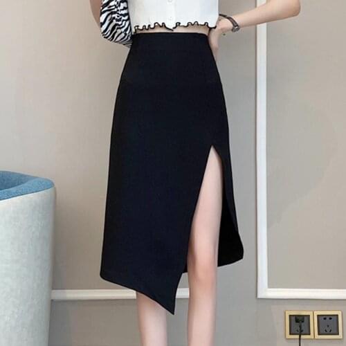 Korean Style Y2K Split Skirts Women Elegant Designer Ethos Chic Black Irregular Skirts Sexy High Street Party Skirts Summer 2021
