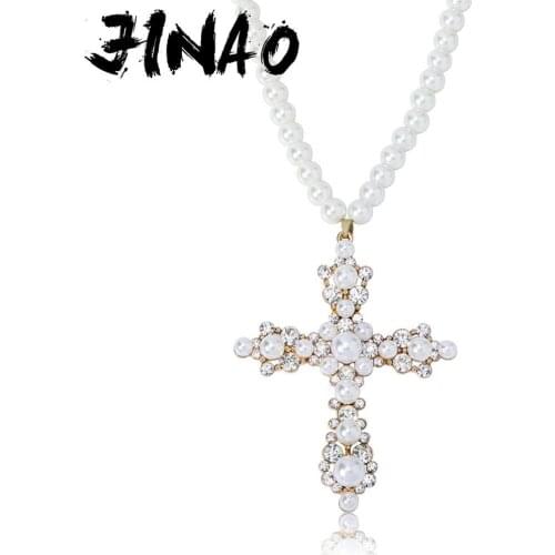 JINAO High Quality Pearl Pendant Iced Out AAA+ Cubic Zirconia Hip Hop Long Necklace Jewelry For Women Gift