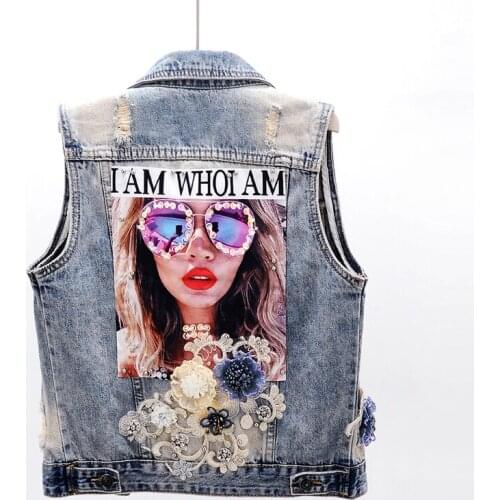 Summer New Fashion Short Denim Vest Women Sleeveless Jacket Coat Beading Sequins Print Denim Waistcoat Frayed Jeans Vest JC224