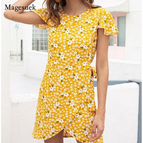 Fashion Sexy Casual Floral Dress European and American Womens Printed Pattern Short Sleeve Slim Bow-knot Bag Hip Vestido 15106