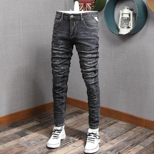 Men Jeans Retro Black Gray Elastic Slim Fit Ripped Denim Pants Italian Style Fashion Embroidery Vintage Designer Long Trousers