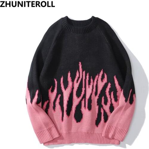 2021 New Hip Hop Sweaters Fire Flame Knitted Sweater Jumpers Streetwear Harajuku Mens Fashion Casual Loose Pullover Tops Coats