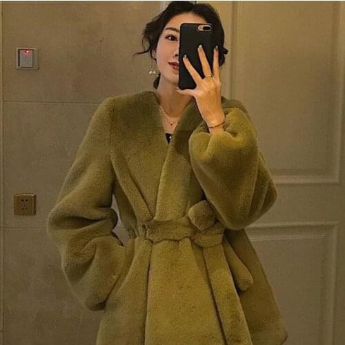 New Rex Rabbit Fur Coat Womens Loose Lace-up Waist Winter Wear Thick Plush Down Mink Faux Fur Coat