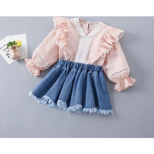 2-7 Years High Quality Spring Girl Clothing Set 2021 New Fashion Pink Solid Shirt + Denim Skirts Kid Children Girls Clothing