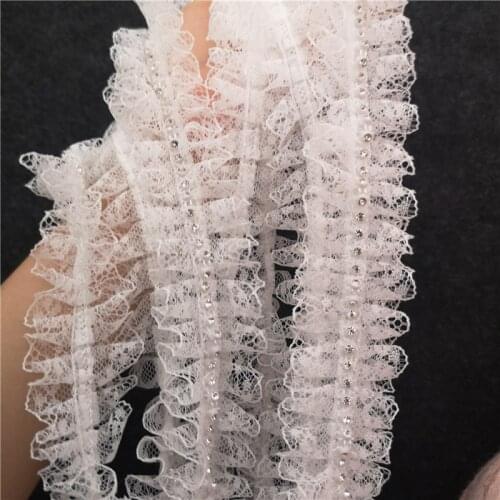 4CM 3Yard/Lot Black/ white rhinestone lace trim plait pleated chiffon hem garment skirt hem lace trimming accessory Z1213