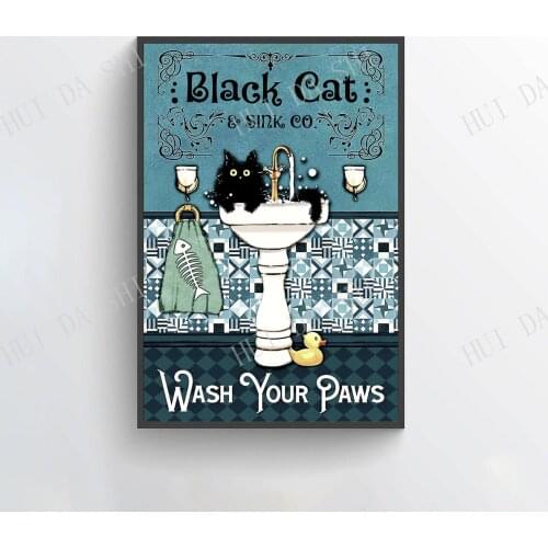 Cat Poster - Black Cat & Sink Co. Wash Your Paws Poster, Cat Art Print, Cat Bathroom Decor, Funny Cat Wall Art, Best Gift Ever
