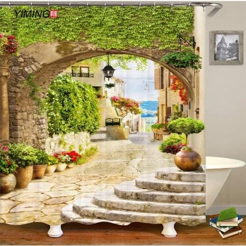Retro arch seaside pier landscape printing bathroom shower curtain polyester home decor curtains washable curtains with hooks