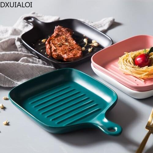DXUIALOI Nordic Creative Square Ceramic Baking Pan Pasta Baked Rice Handle Barbecue Plate Household Kitchen Tableware