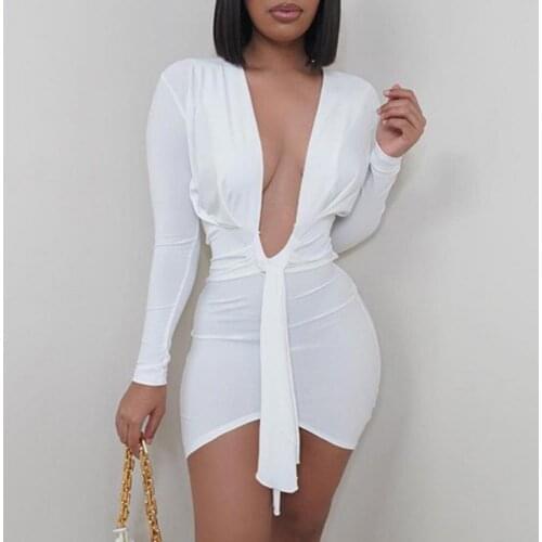 Sexy Deep V Neck Long Sleeve Dresses for Women 2021 Summer Black White Bodycon Mini Dress Night Club Outfits