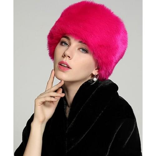 Comfortable Warm Faux Fox Fur Hat Women Men Winter Hair Tail Fashion Earmuffs Hat Rose Red Simple Soft Fluffy Flat Top Cap W057