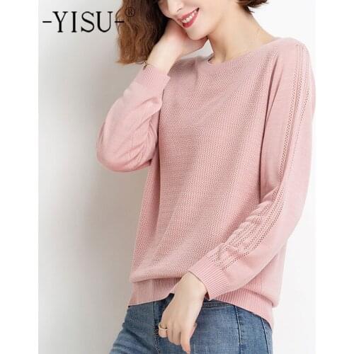 YISU Spring Thin section Women Sweater O-Neck Solid color Knitted pullove Long sleeve All-match Female Casual Loose Jumper