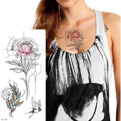 Temporary tattoo sticker flower geometric rose tattoo black bird sketches tattoo designs waterproof transfer swallow tattoo girl