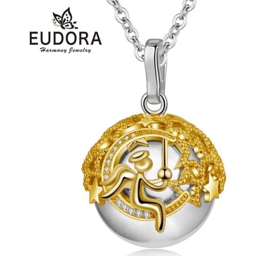 EUDORA 20mm Gold color Angel Moon Star Necklace unique Harmony bola ball Pendant for pregnant woman pregnancy new mom gift B352