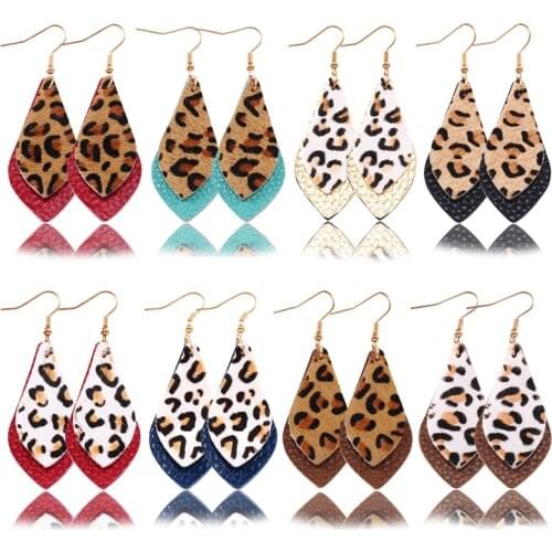ZWPON Layered Animal Print Genuine Leather Teardrop Earrings for Women Fashion Leopard Cheetah Flat Leather Earrings Jewelry