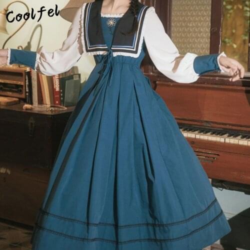 COOLFEL Harajuku Gothic Cosplay Green Sailor Dress Women Lolita Girl Style Lace Navy Collar High Waist Casual Pleated Long Dress