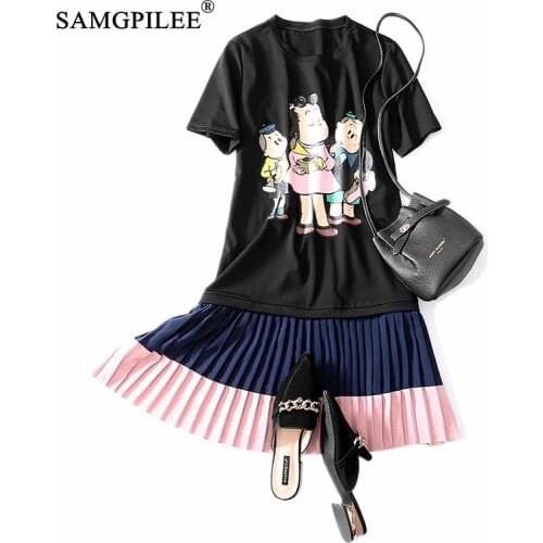 Dresses Woman Summer 2021 Korean Style Casual A-line Cartoon Short Sleeve Draped Knee-length O-neck Women Summer Sundress 4XL