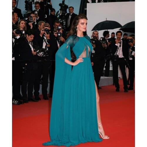 Sexy Long Chiffon Lace Celebrity Dresses with Slit O-Neck Floor Length Peacock Blue Abendkleider Robes de Soirée for Women