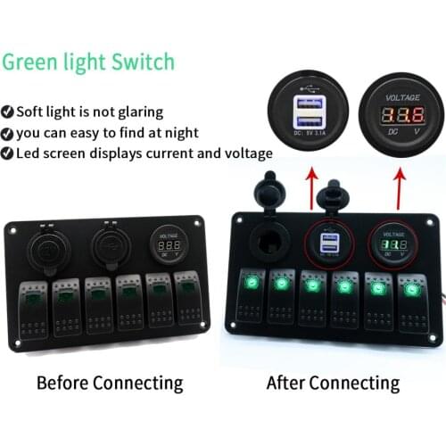 1 piece Voltmeter USB Lighter Charger 6Gang Green LED Rocker Switch Panel