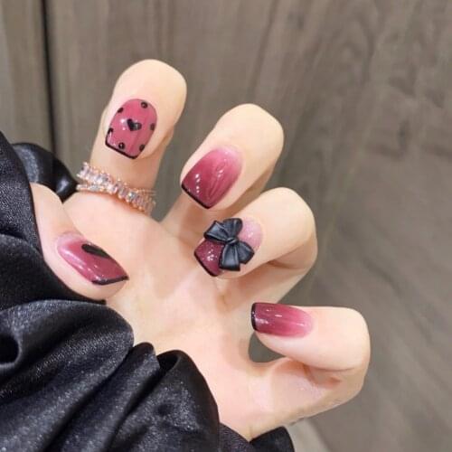 24pcs/box Fake Nails With Glue Type With Bowknot Love Heart Printed Paragraph Fashion Manicure False Nails Press On For Girls DL