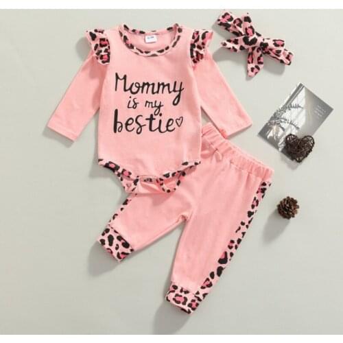 3 Pcs Newborn Girl Leopard Outfits, Toddler Letter Print Long Sleeve Round Neck Playsuit + Trousers + Headband Spring Autumn