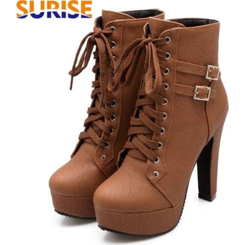 Big Size Women Platform Ankle Boots 12cm High Chunky Heels Black PU Casual Lace Up Buckle Ladies Winter Plush Short Martin Boots