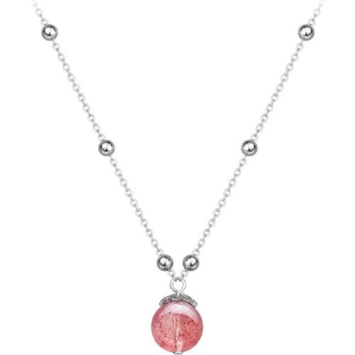 925 Sterling Silver 3mm Ball Bead Chain 9mm Pink Crystal Strawberry Quartz Nature Gemstone Pendant Necklace Valentines Day G