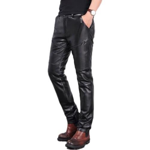 Black Thick Genuine Pants Men Clothing Straight Luxury Sheepskin Real Leather Biker Trousers Zippers Streetwear Man