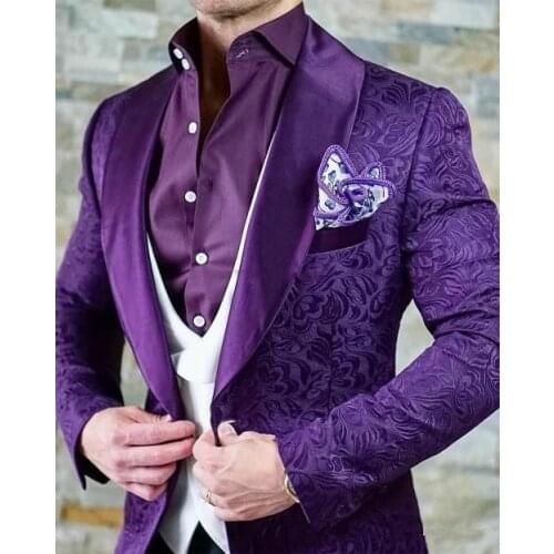 Purple Embossing Groom Tuxedos Shawl Lapel Groomsmen Mens Wedding Dress Fashion Man Jacket Blazer 3 Piece Suit(Jacket+Pants+Vest
