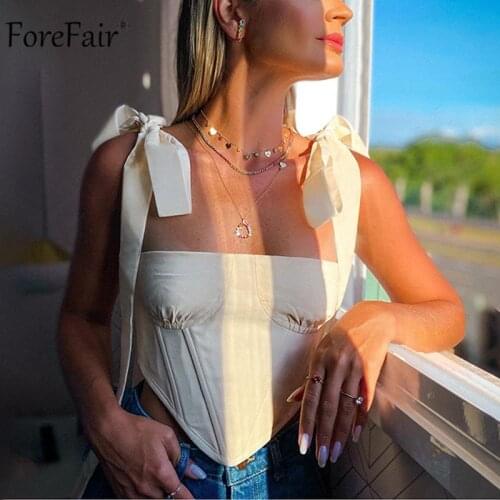 Forefair 2021 Sleeveless Backless Sexy Spaghetti Strap Off Shoulder Corset Bandage Bow Casual Crop Tops Fashion Camis Summer