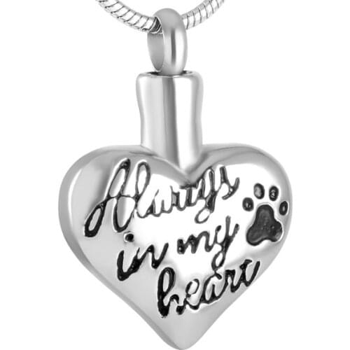 IJD8346 "Always In My Heart" Paw Print Keepsake Cremation Urn Necklace Stainless Steel Pet Ashes Holder Memorial Jewelry