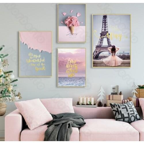 Modern Style Canvas Painting Poster Watercolor Pictures Pink Roses and Other Flowers Eiffel Tower Quota for Home Rooms Wall Deco