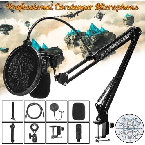 USB Condenser Microphone USB Cable PC Microphone Mic Stand Filter Live Song Podcasting Recording Headphone for Computer