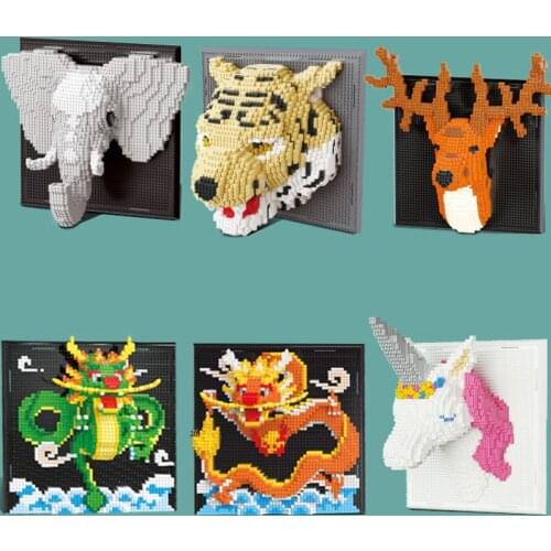 Animal Building Blocks 3D Model Tiger Elephant Dragon Unicorn Assembled Diamond Mirco Bricks Figure Toy For Art Wall Decoration