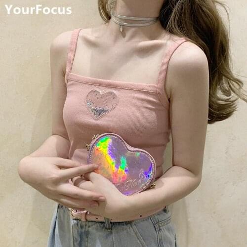 Sweet lolita kawaii multicolored laser sequin quicksand transparent heart camis pink short cropped women tops