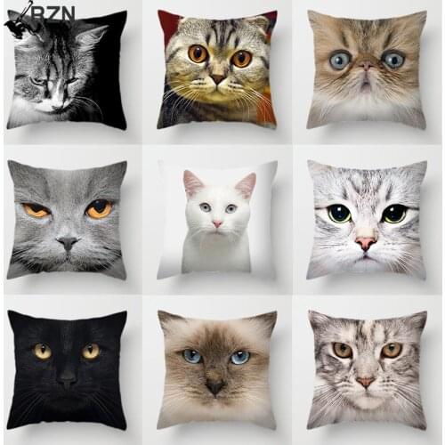 Cute Pet Cat Face Decorative Animal Cushion Cover Sofa Vintage Black and White Home Couch Pillows Case Living Room Decoration