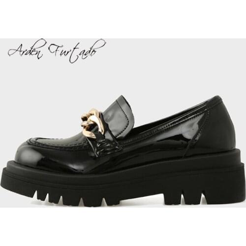 Arden Furtado Fashion Womens Shoes Flat Platform Shoes Metal Chain Genuine Leather Leisure square heels loafers brogue shoes
