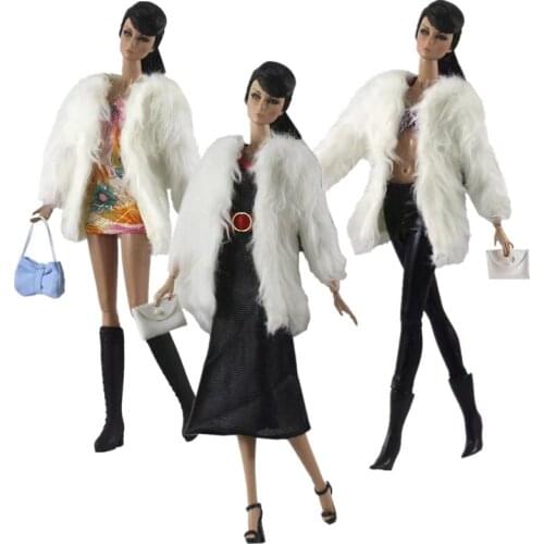 Fashion White Fur Winter Coat Jacket Clothes Set for Barbie Doll Dress Bra Trousers Handbag 1/6 Accessories Kids Playhouse Toys