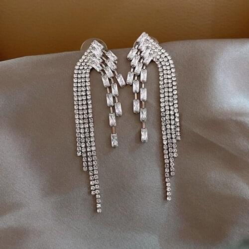 Exknl Crystal Trendy Geometric Women Dangle Earrings Korean Earrings Wedding Big Statement Style Tassel Earrings Long Jewelry