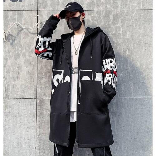 Men Jacket Men 5XL Print Hooded Long Coat Black 2020 Hip Hop Streetwear Mens Jackets Outwear