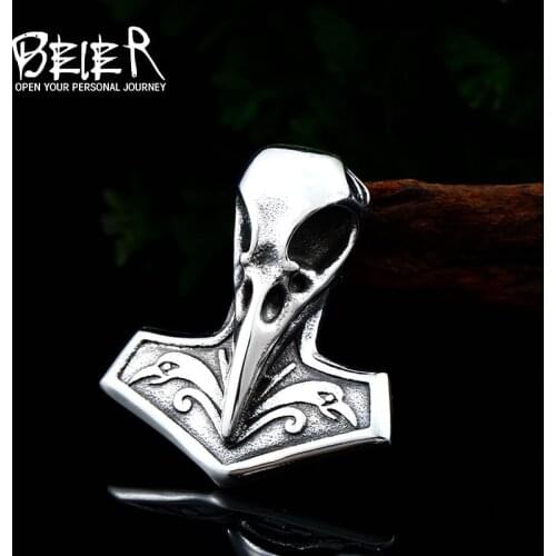 BEIER Norse Raven Viking pendant Necklace Crow Runes Thor Hammer Mjolnir Talisman Vintage Eagle Men Chain omen BP8-410